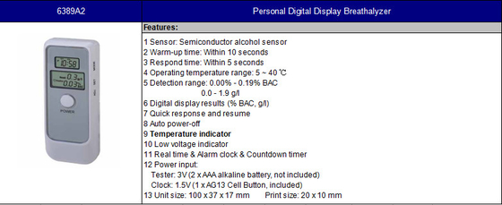 Halbleiter-Alkohol-Sensor persönliches Bac Tester 6389a2 mit alkalischer Batterie 2 X Aaa